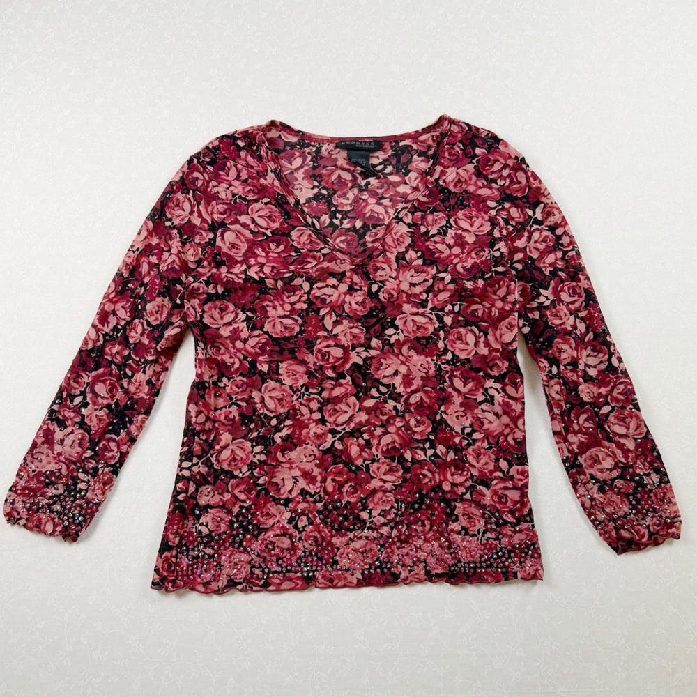 2000's Express Pink Floral Rhinestone Mesh Top — Size S